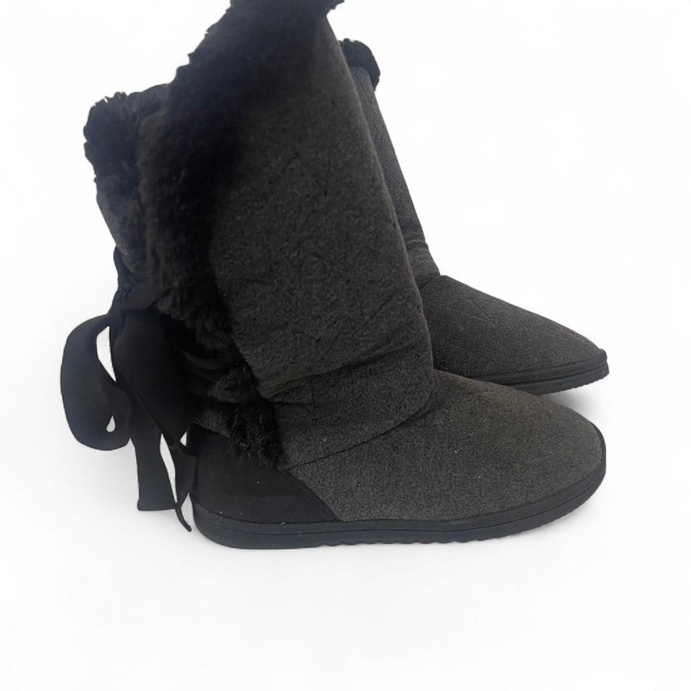 Charcoal Grey Sequin Faux Fur Trim Ribbon Back Bow Mid Calf Winter Boots slipper